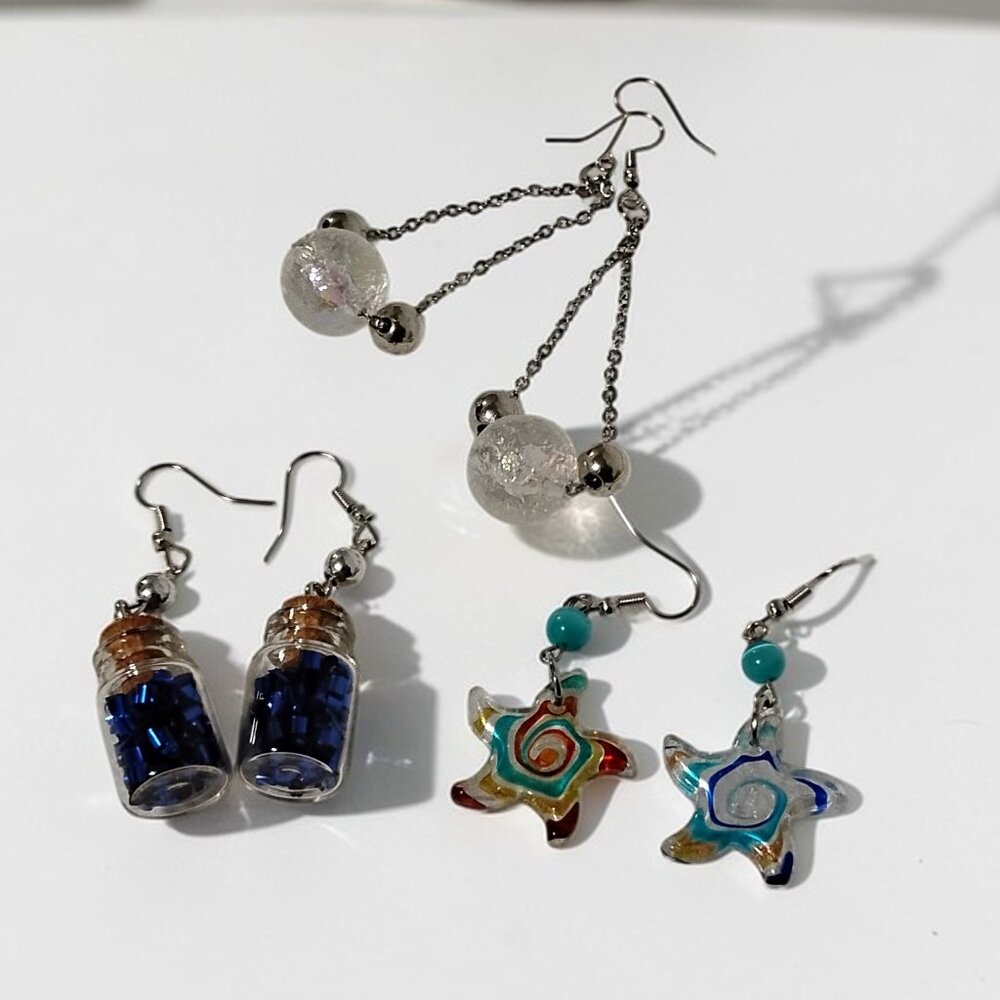 (3) PAIRS Handmade Jewelry Starfish Blue Bottle Iridescent Mickey Earrings